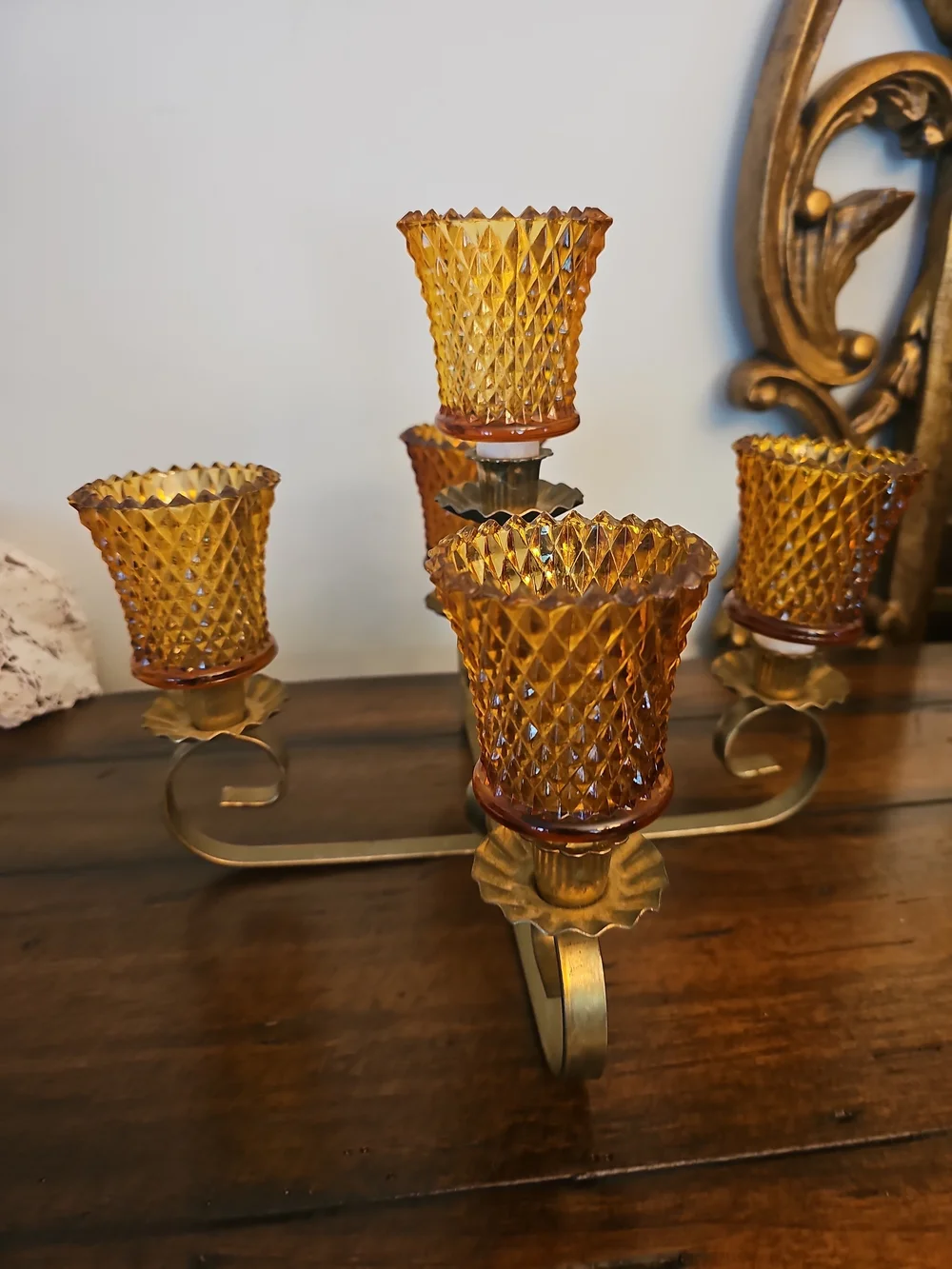 Vtge Amber Glass and Brass 5-Arm Candleholder Centerpiece  Unique With Votives.